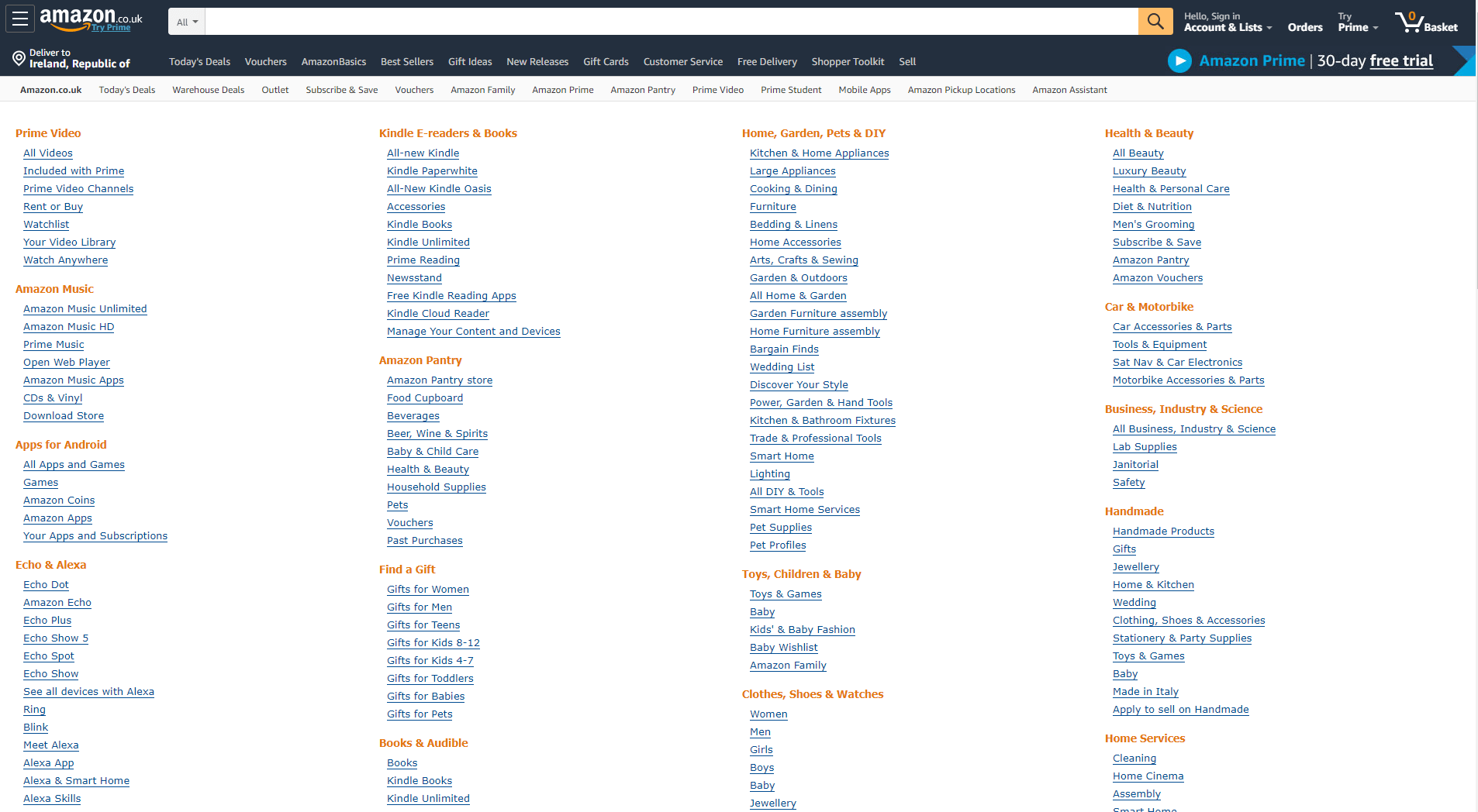 lists of all categories and subcategories on Amazon's website