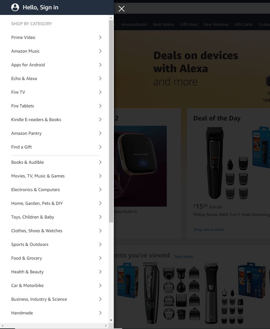list of product categories on Amazon's website