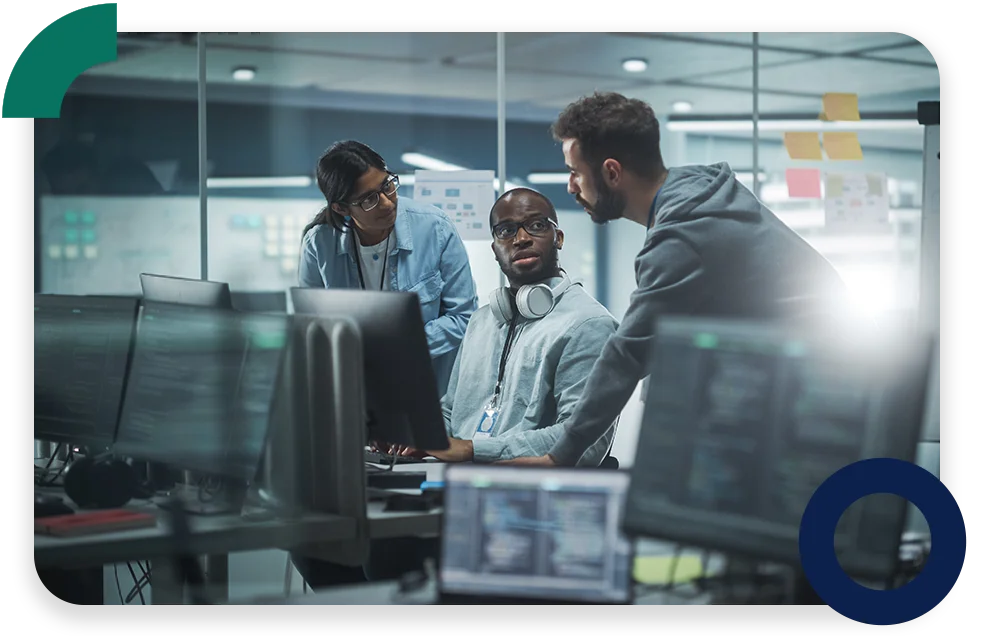 A conference room with three businessmen collaborating and the text "Rude errors by 52%".