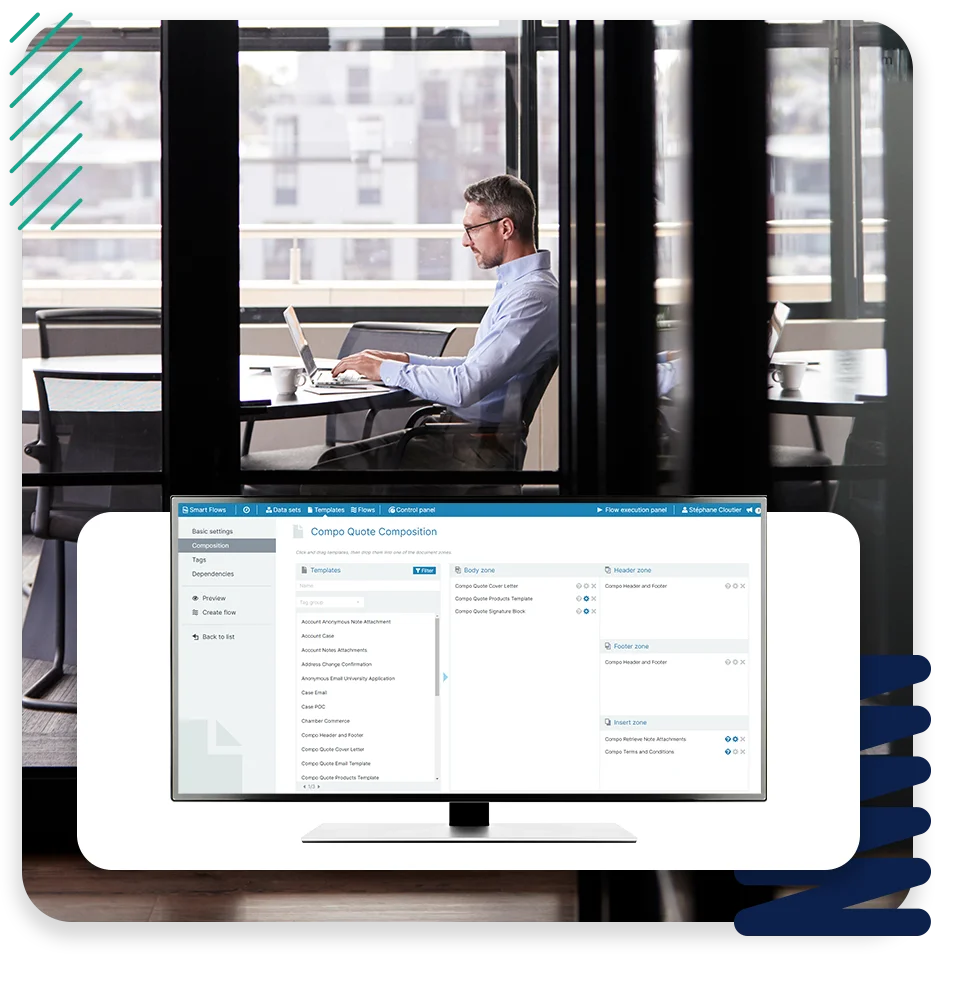 A conference room with three businessmen collaborating and the text "Rude errors by 52%".