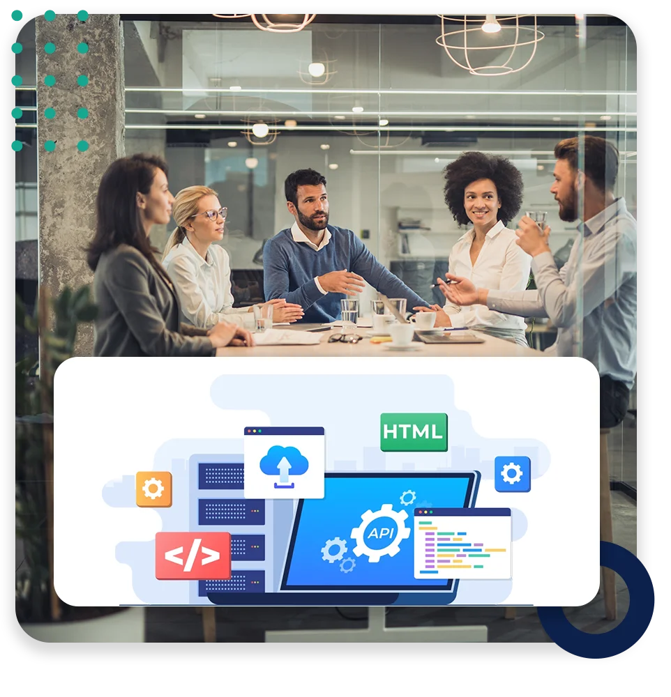 A conference room with three businessmen collaborating and the text "Rude errors by 52%".