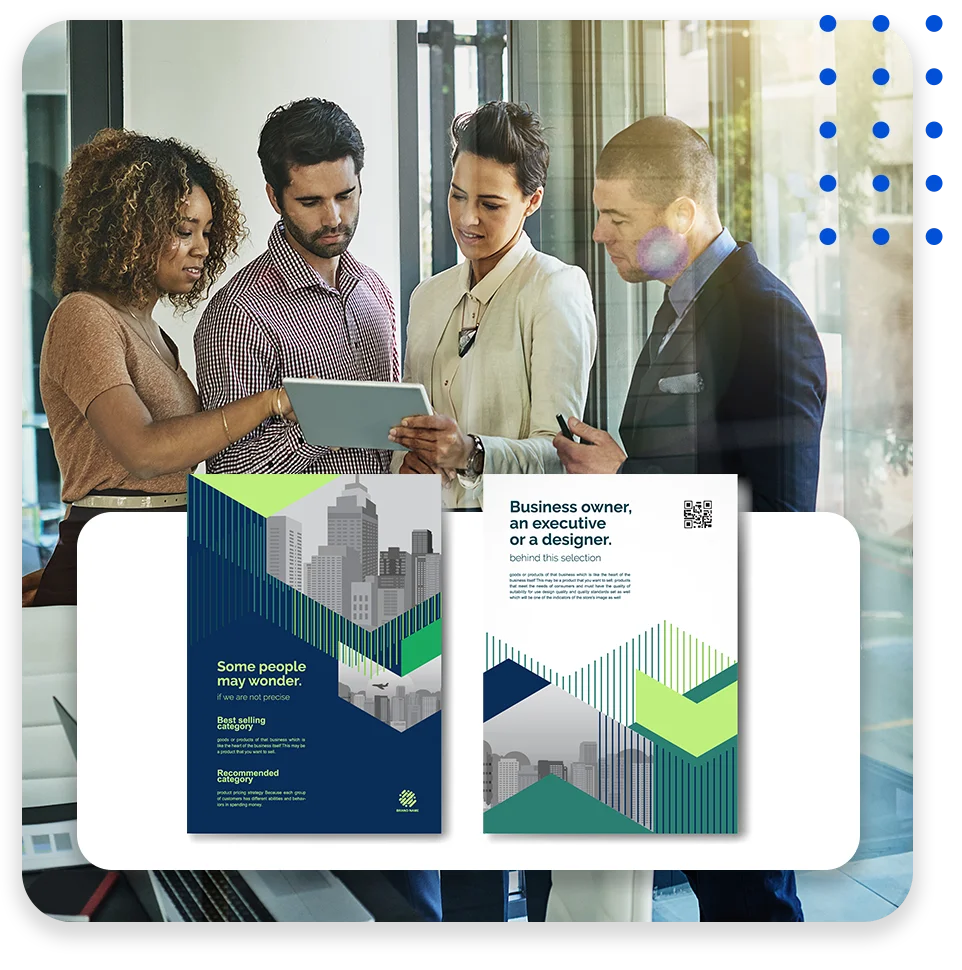 A conference room with three businessmen collaborating and the text "Rude errors by 52%".