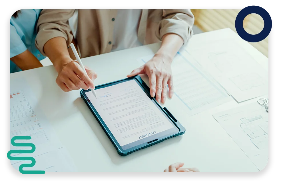 A conference room with three businessmen collaborating and the text "Rude errors by 52%".