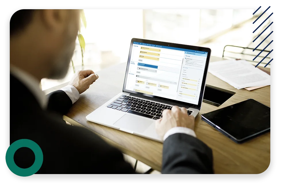 A conference room with three businessmen collaborating and the text "Rude errors by 52%".