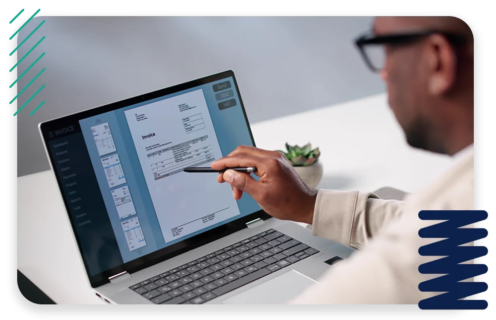A conference room with three businessmen collaborating and the text "Rude errors by 52%".