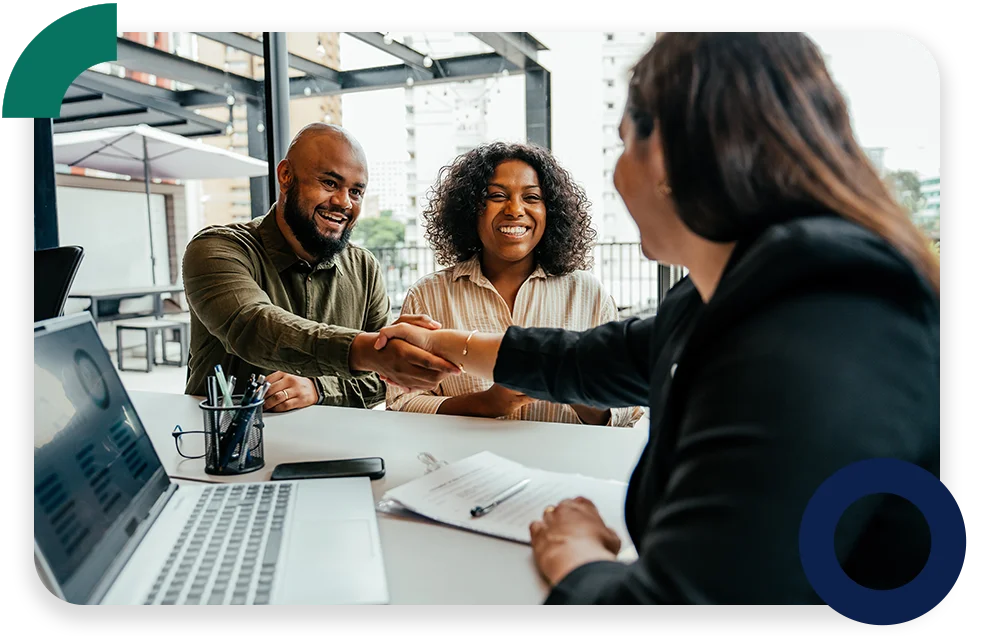 A conference room with three businessmen collaborating and the text "Rude errors by 52%".