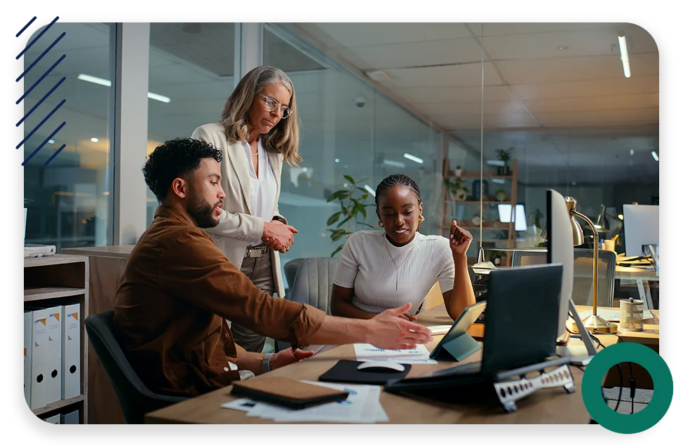 A conference room with three businessmen collaborating and the text "Rude errors by 52%".