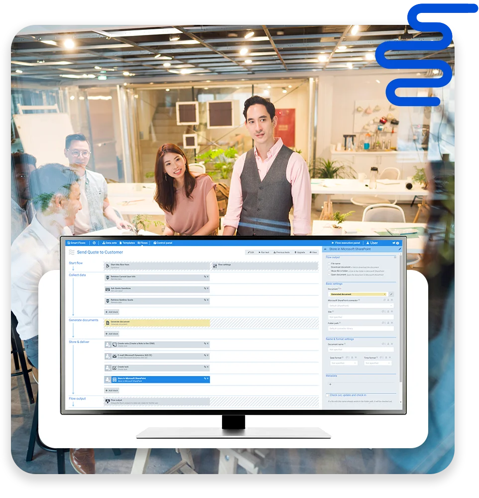 A conference room with three businessmen collaborating and the text "Rude errors by 52%".