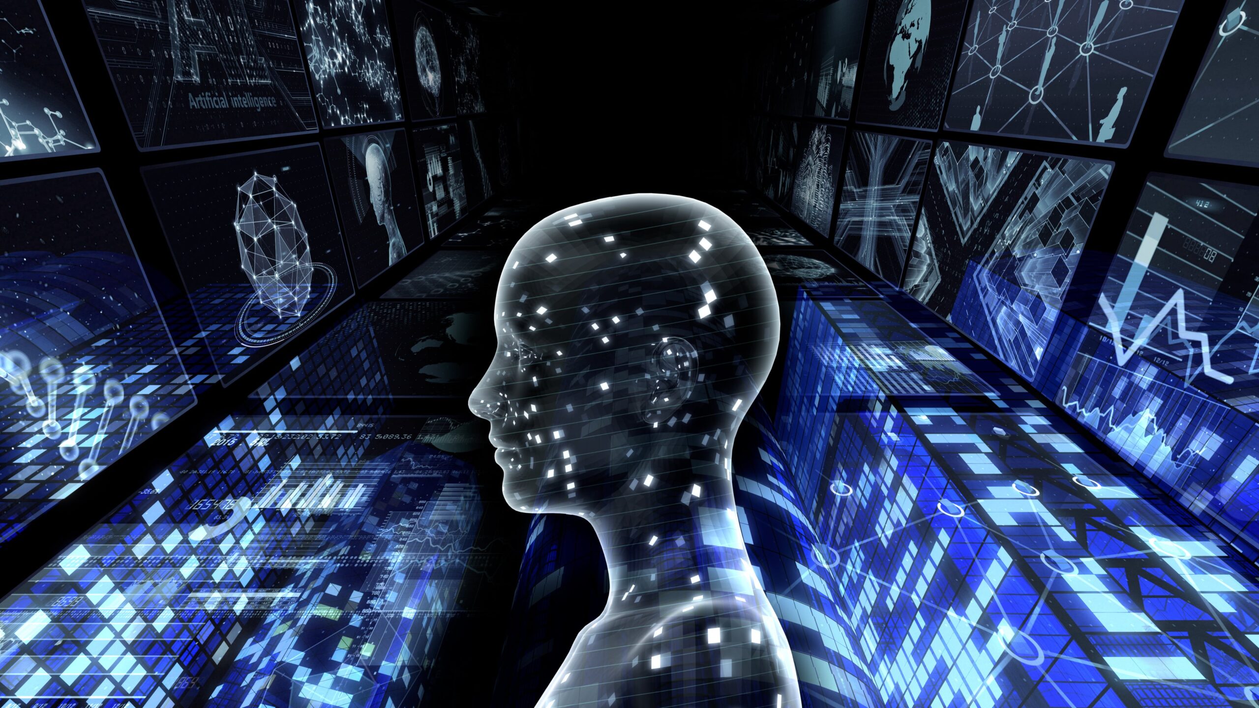 AI-digital-looking image with an illustrated person outline in the foreground and digital charts, icons and panels in the background.