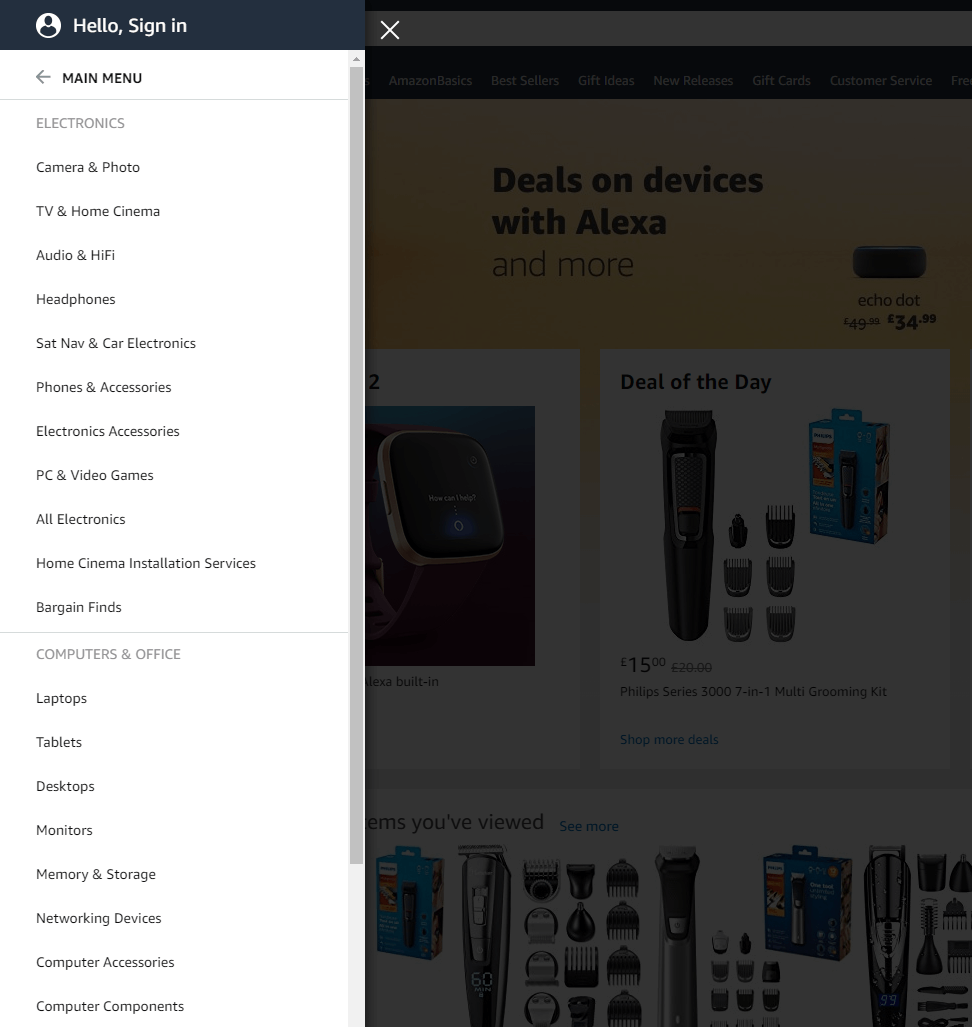product subcategories on Amazon's website